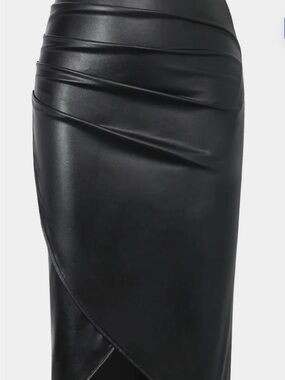 Faux Leather Black Ruched Wrap Pencil Skirt